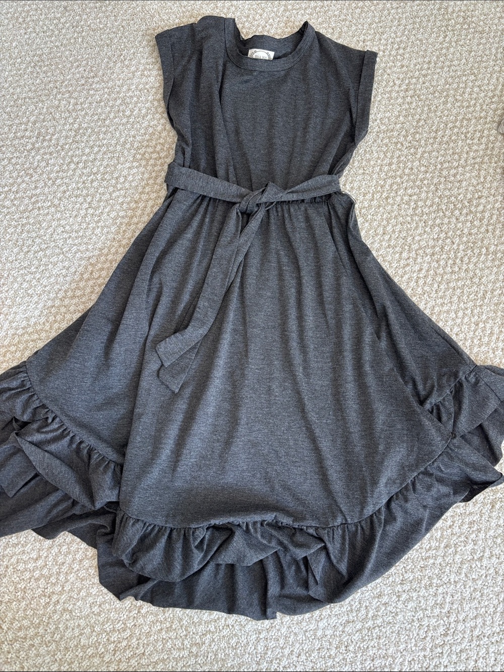 Girls' Charcoal Ruffle-Hem Belted Casual Dress